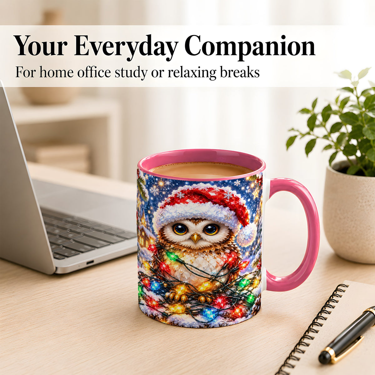 #pl[11oz|Pink] Christmas Owl Coffee Mug, Holiday Lights Owl Mug, Crystal Style Ceramic Cup