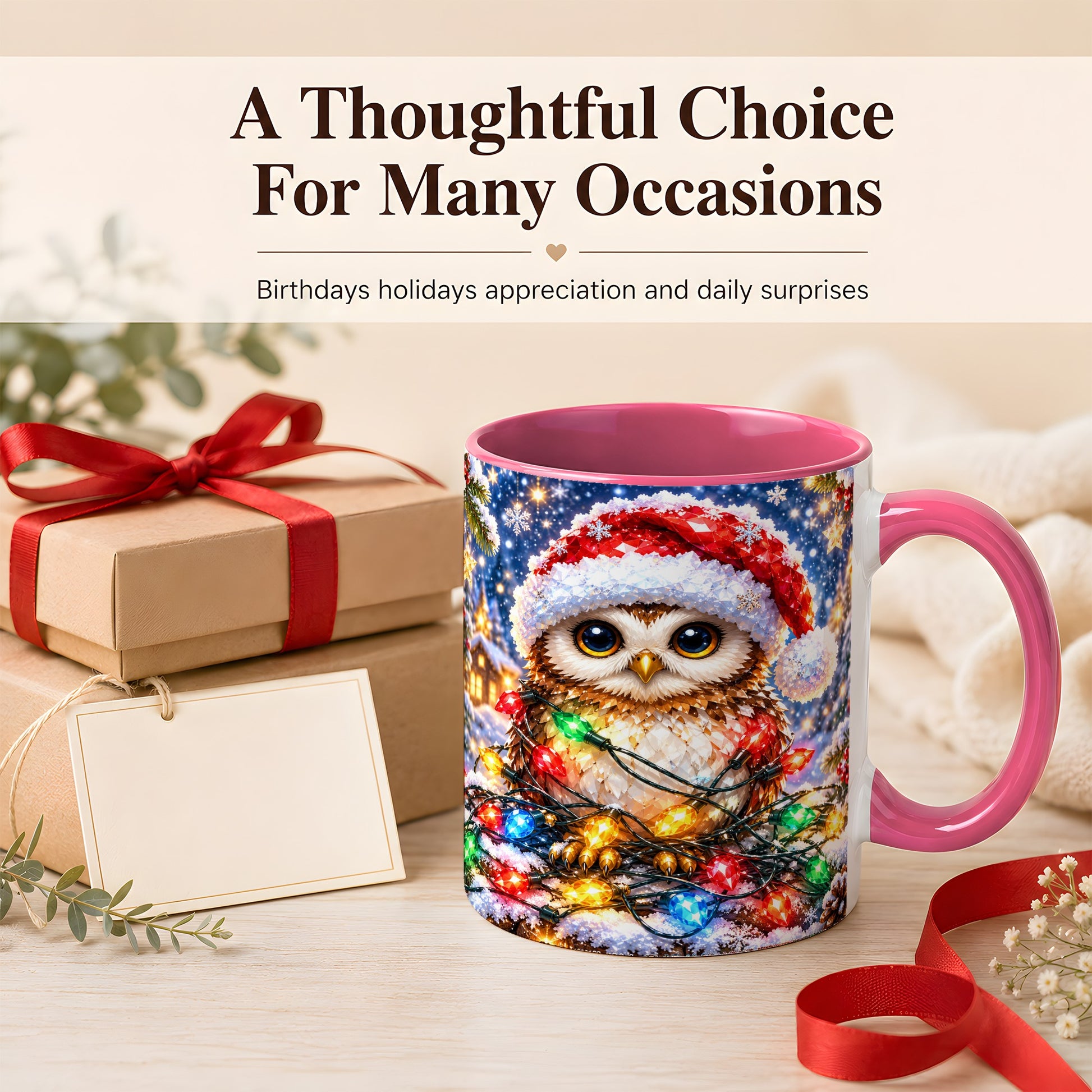 #pl[11oz|Pink] Christmas Owl Coffee Mug, Holiday Lights Owl Mug, Crystal Style Ceramic Cup