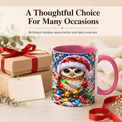 #pl[11oz|Pink] Christmas Owl Coffee Mug, Holiday Lights Owl Mug, Crystal Style Ceramic Cup