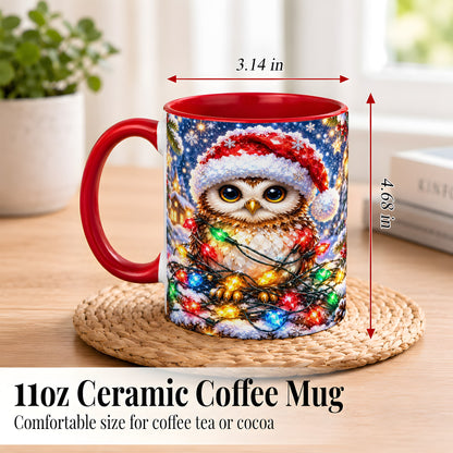 #pl[11oz|Red] Christmas Owl Coffee Mug, Holiday Lights Owl Mug, Crystal Style Ceramic Cup
