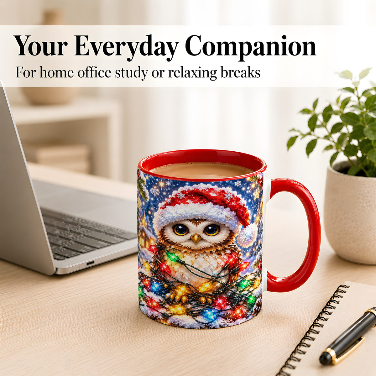 #pl[11oz|Red] Christmas Owl Coffee Mug, Holiday Lights Owl Mug, Crystal Style Ceramic Cup