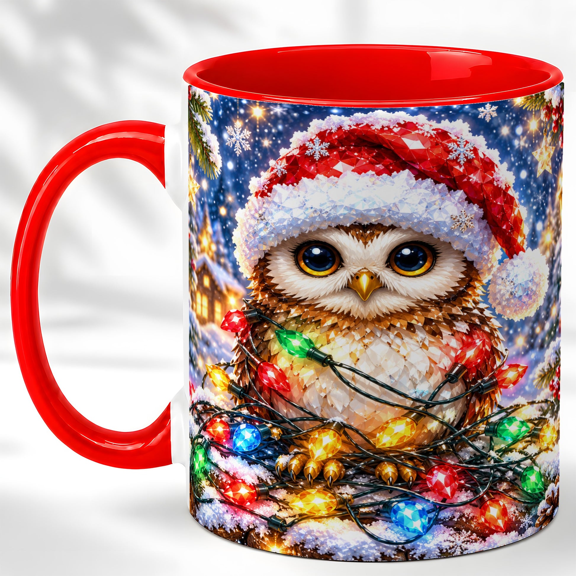 Christmas Owl Coffee Mug, Holiday Lights Owl Mug, Crystal Style Ceramic Cup
