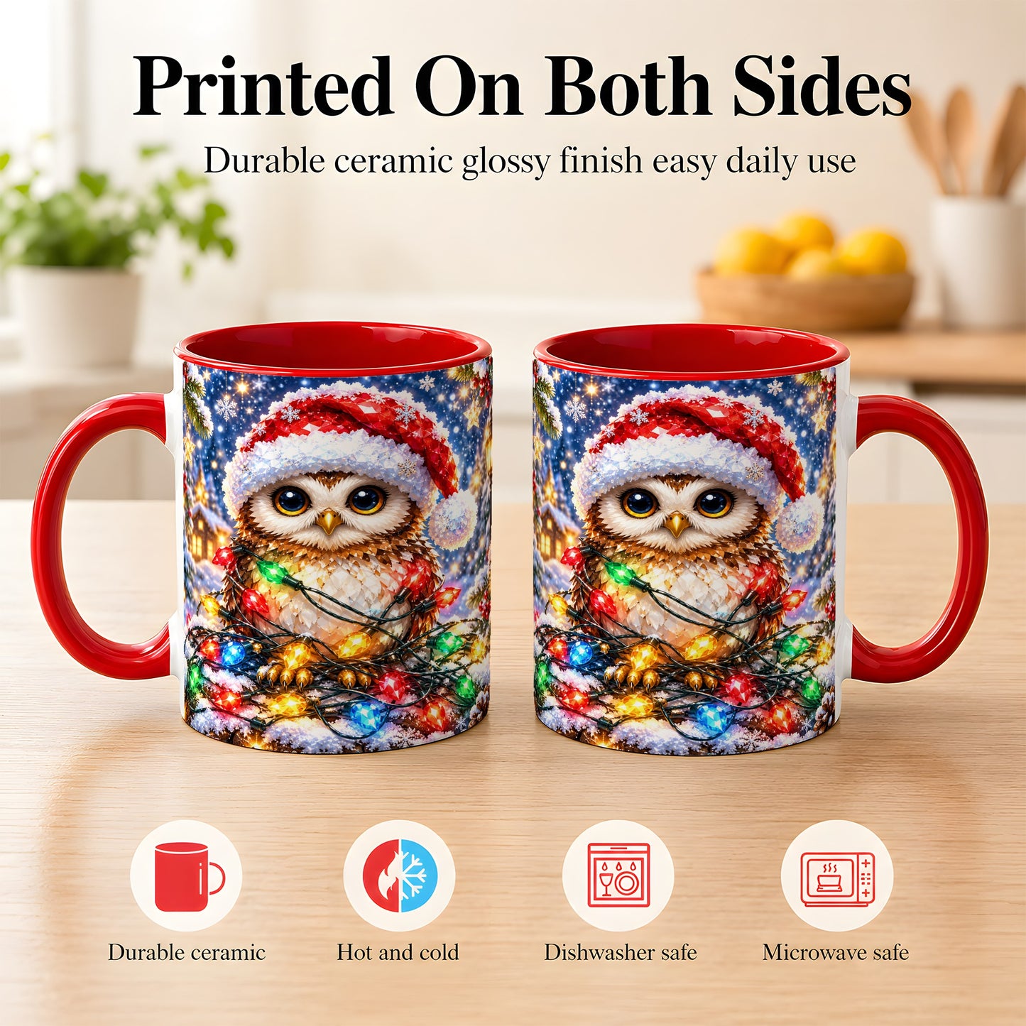 #pl[11oz|Red] Christmas Owl Coffee Mug, Holiday Lights Owl Mug, Crystal Style Ceramic Cup