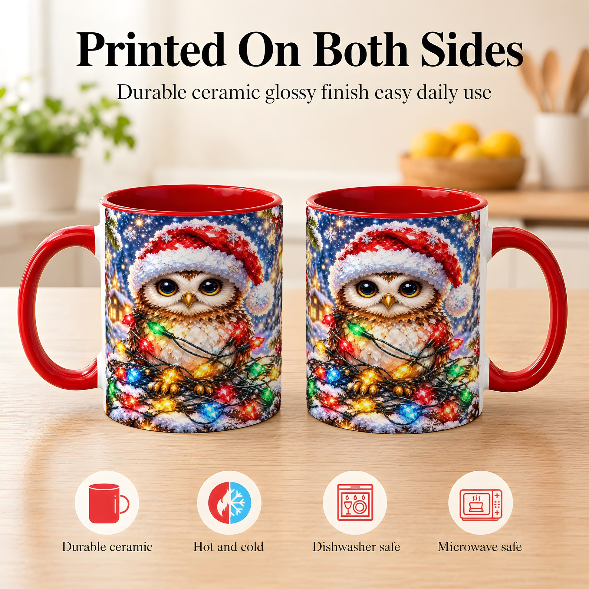#pl[11oz|Red] Christmas Owl Coffee Mug, Holiday Lights Owl Mug, Crystal Style Ceramic Cup