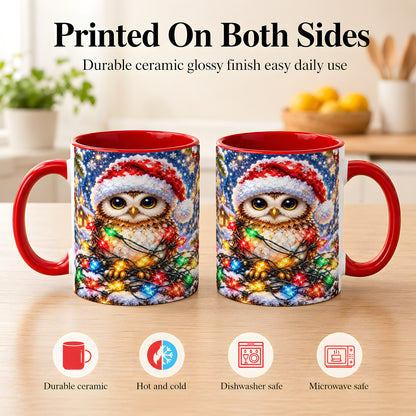 #pl[11oz|Red] Christmas Owl Coffee Mug, Holiday Lights Owl Mug, Crystal Style Ceramic Cup
