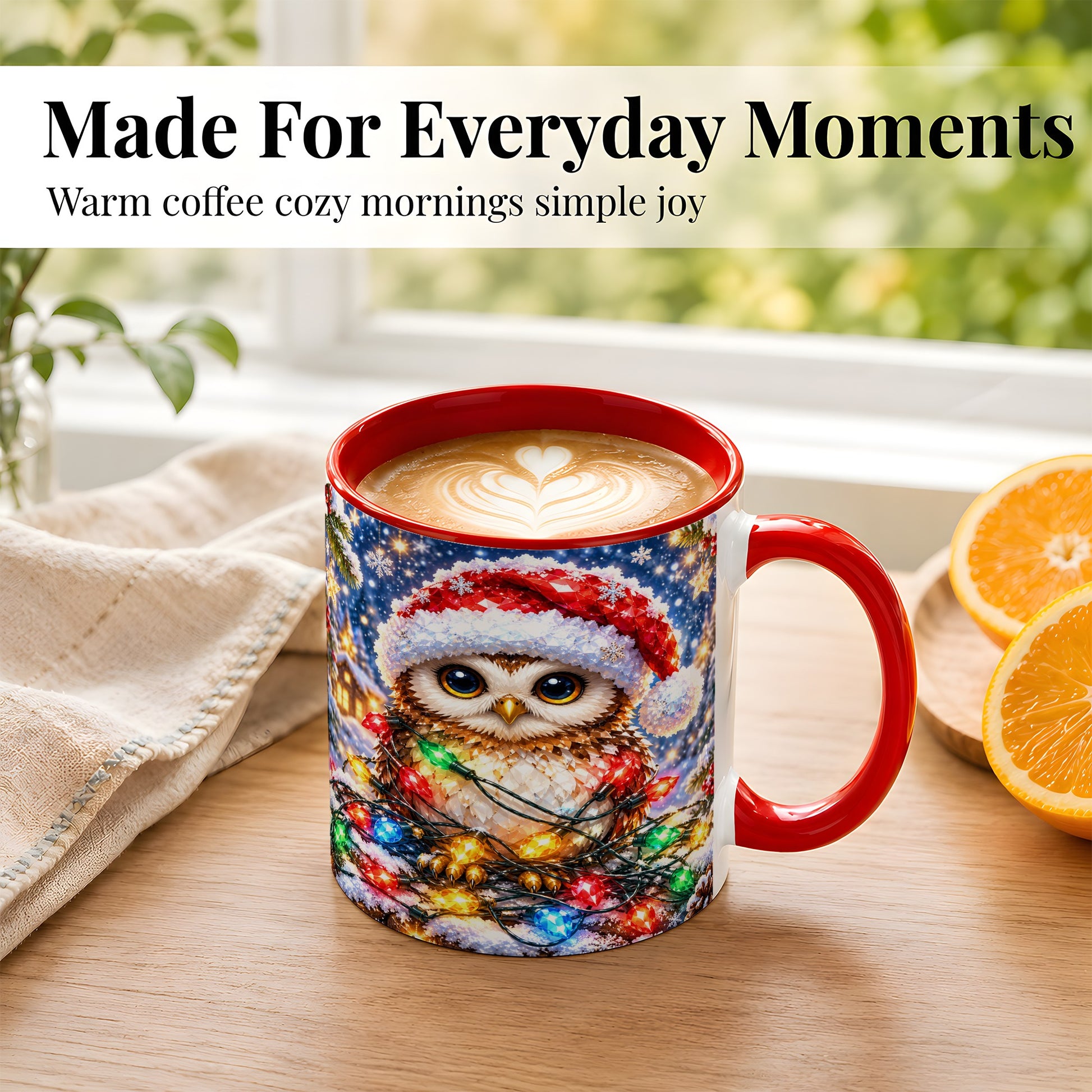#pl[11oz|Red] Christmas Owl Coffee Mug, Holiday Lights Owl Mug, Crystal Style Ceramic Cup