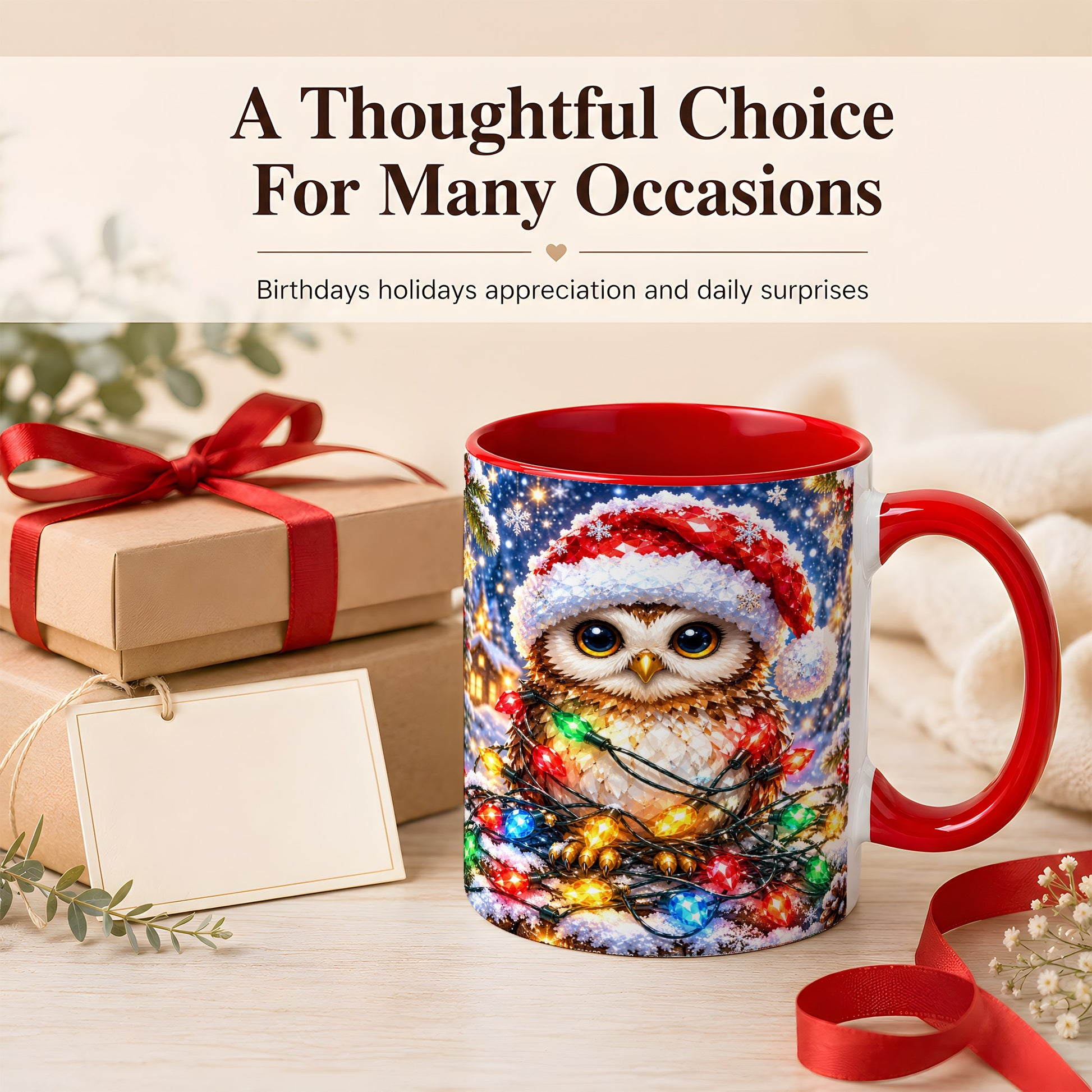 #pl[11oz|Red] Christmas Owl Coffee Mug, Holiday Lights Owl Mug, Crystal Style Ceramic Cup