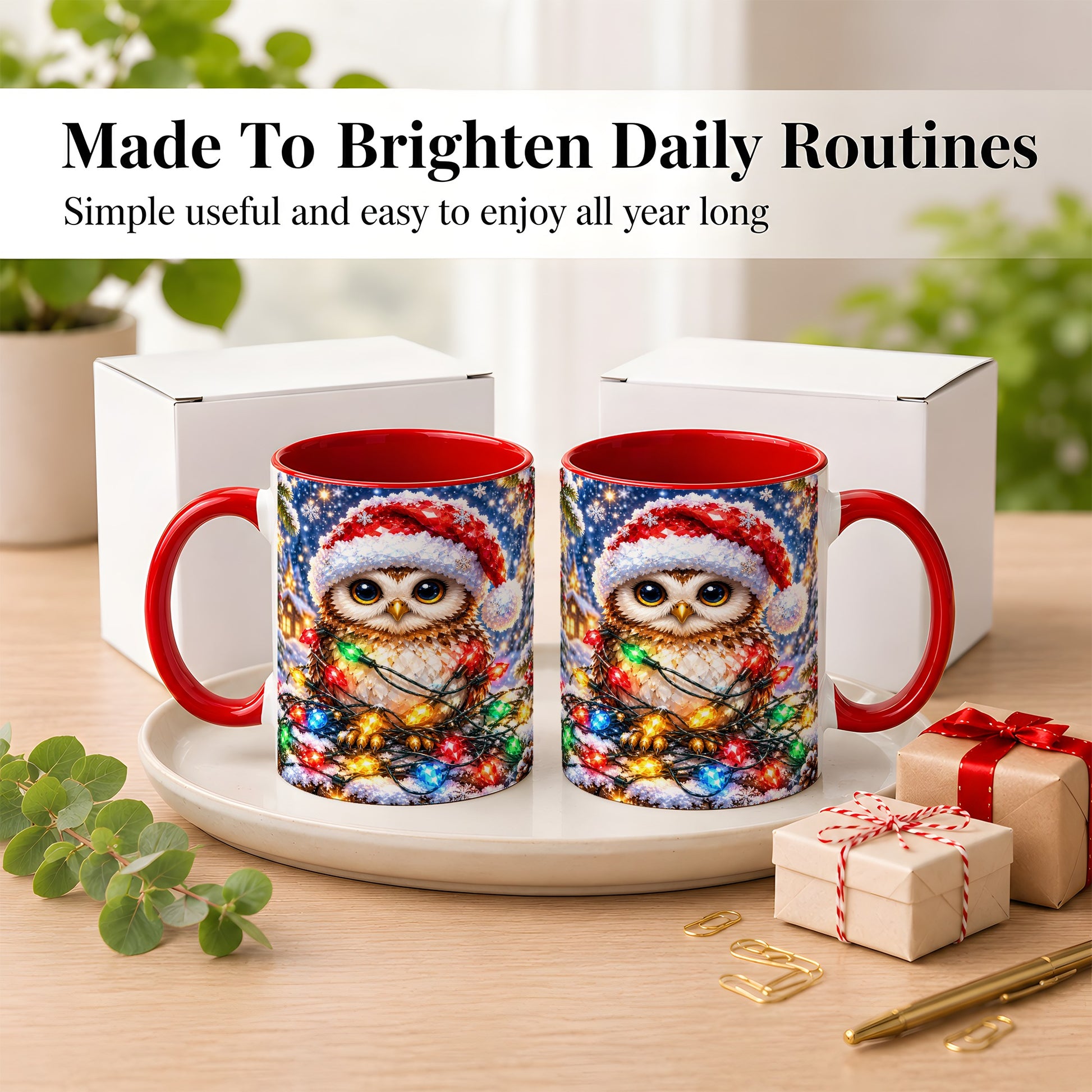 #pl[11oz|Red] Christmas Owl Coffee Mug, Holiday Lights Owl Mug, Crystal Style Ceramic Cup