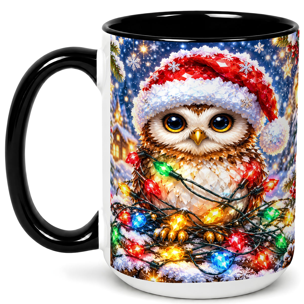 #pl[15oz|Black] Christmas Owl Coffee Mug, Holiday Lights Owl Mug, Crystal Style Ceramic Cup