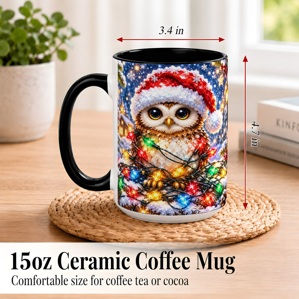 #pl[15oz|Black] Christmas Owl Coffee Mug, Holiday Lights Owl Mug, Crystal Style Ceramic Cup