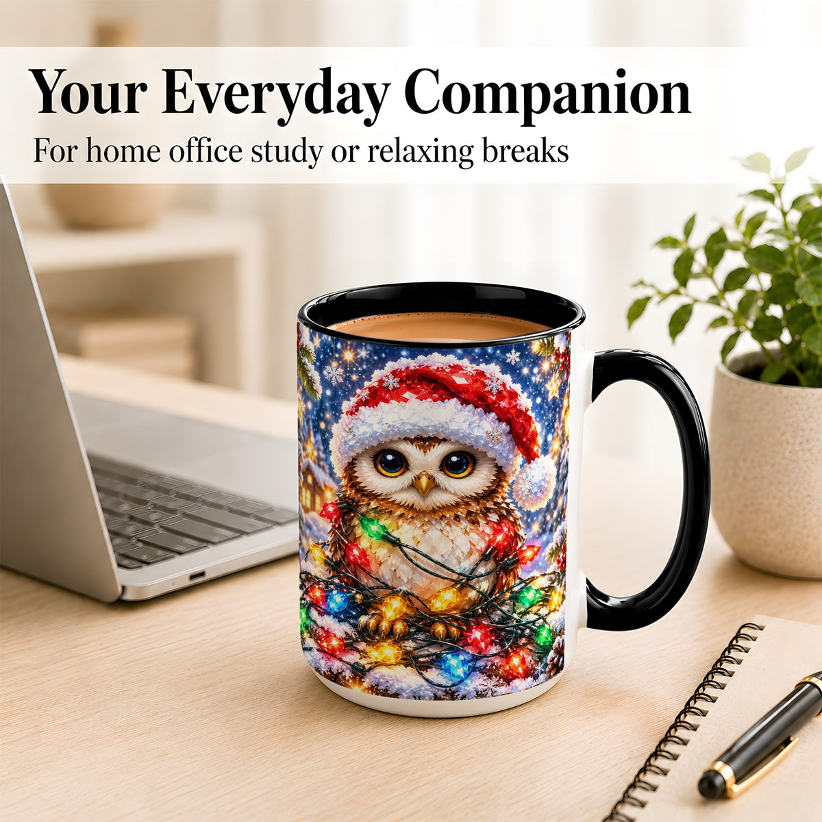 #pl[15oz|Black] Christmas Owl Coffee Mug, Holiday Lights Owl Mug, Crystal Style Ceramic Cup