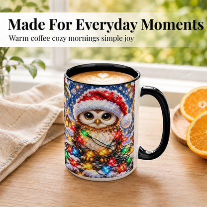 #pl[15oz|Black] Christmas Owl Coffee Mug, Holiday Lights Owl Mug, Crystal Style Ceramic Cup
