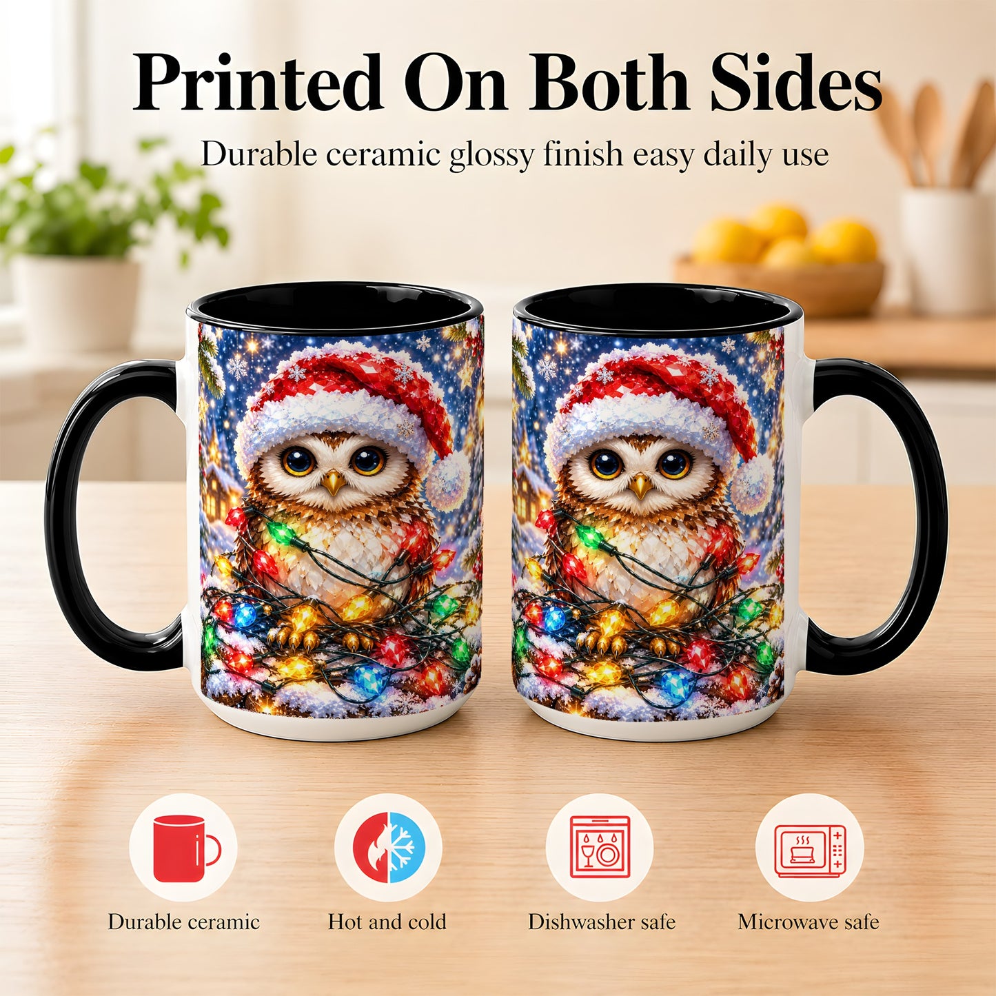 #pl[15oz|Black] Christmas Owl Coffee Mug, Holiday Lights Owl Mug, Crystal Style Ceramic Cup