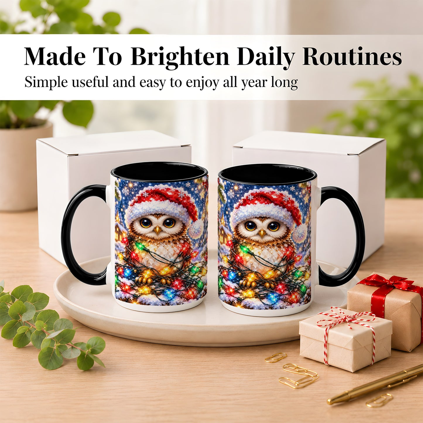 #pl[15oz|Black] Christmas Owl Coffee Mug, Holiday Lights Owl Mug, Crystal Style Ceramic Cup