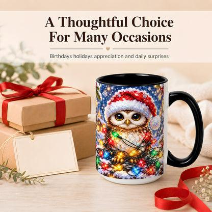 #pl[15oz|Black] Christmas Owl Coffee Mug, Holiday Lights Owl Mug, Crystal Style Ceramic Cup