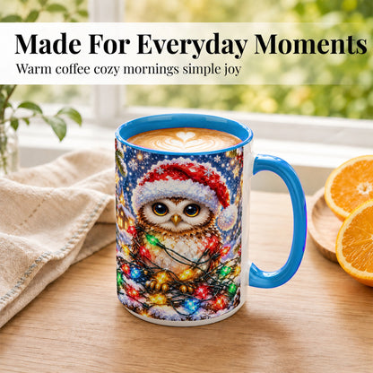#pl[15oz|Blue] Christmas Owl Coffee Mug, Holiday Lights Owl Mug, Crystal Style Ceramic Cup