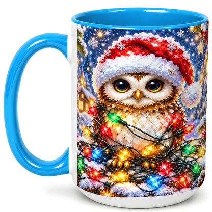 #pl[15oz|Blue] Christmas Owl Coffee Mug, Holiday Lights Owl Mug, Crystal Style Ceramic Cup