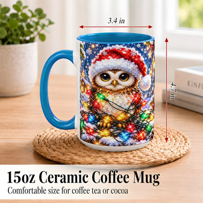 #pl[15oz|Blue] Christmas Owl Coffee Mug, Holiday Lights Owl Mug, Crystal Style Ceramic Cup