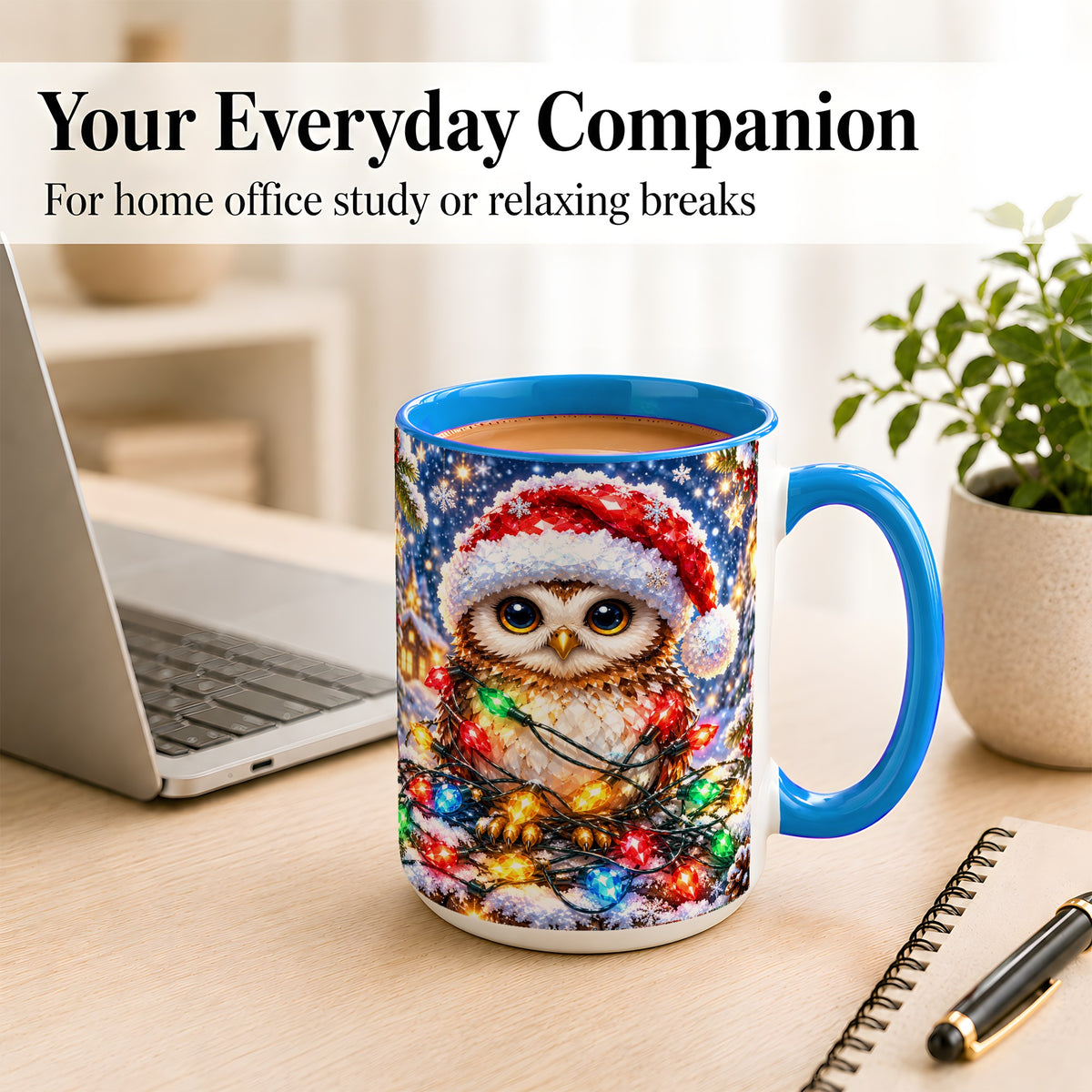 #pl[15oz|Blue] Christmas Owl Coffee Mug, Holiday Lights Owl Mug, Crystal Style Ceramic Cup