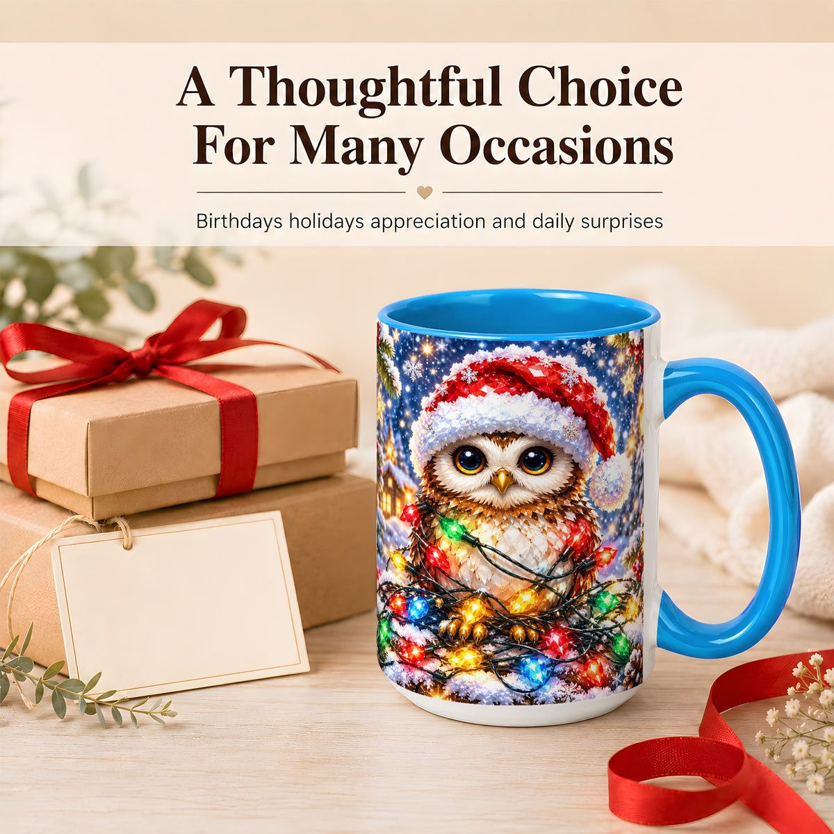 #pl[15oz|Blue] Christmas Owl Coffee Mug, Holiday Lights Owl Mug, Crystal Style Ceramic Cup