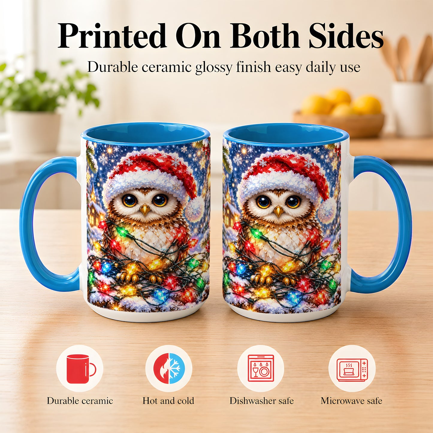 #pl[15oz|Blue] Christmas Owl Coffee Mug, Holiday Lights Owl Mug, Crystal Style Ceramic Cup