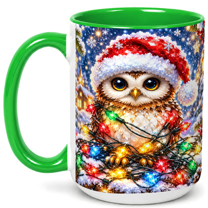 #pl[15oz|Green] Christmas Owl Coffee Mug, Holiday Lights Owl Mug, Crystal Style Ceramic Cup