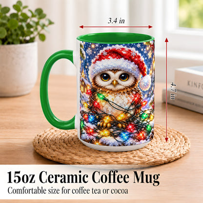 #pl[15oz|Green] Christmas Owl Coffee Mug, Holiday Lights Owl Mug, Crystal Style Ceramic Cup