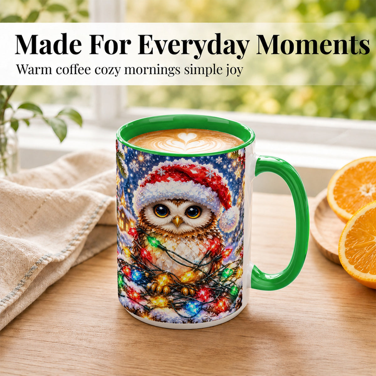 #pl[15oz|Green] Christmas Owl Coffee Mug, Holiday Lights Owl Mug, Crystal Style Ceramic Cup