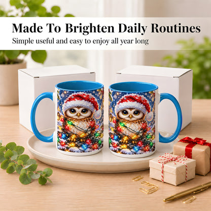 #pl[15oz|Blue] Christmas Owl Coffee Mug, Holiday Lights Owl Mug, Crystal Style Ceramic Cup