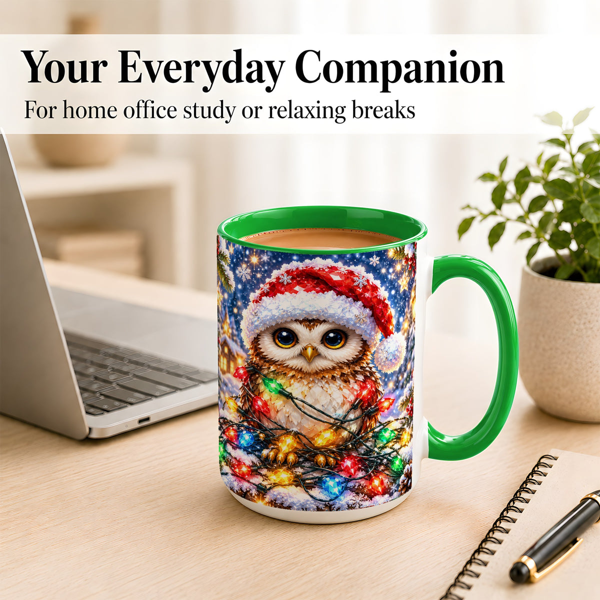 #pl[15oz|Green] Christmas Owl Coffee Mug, Holiday Lights Owl Mug, Crystal Style Ceramic Cup