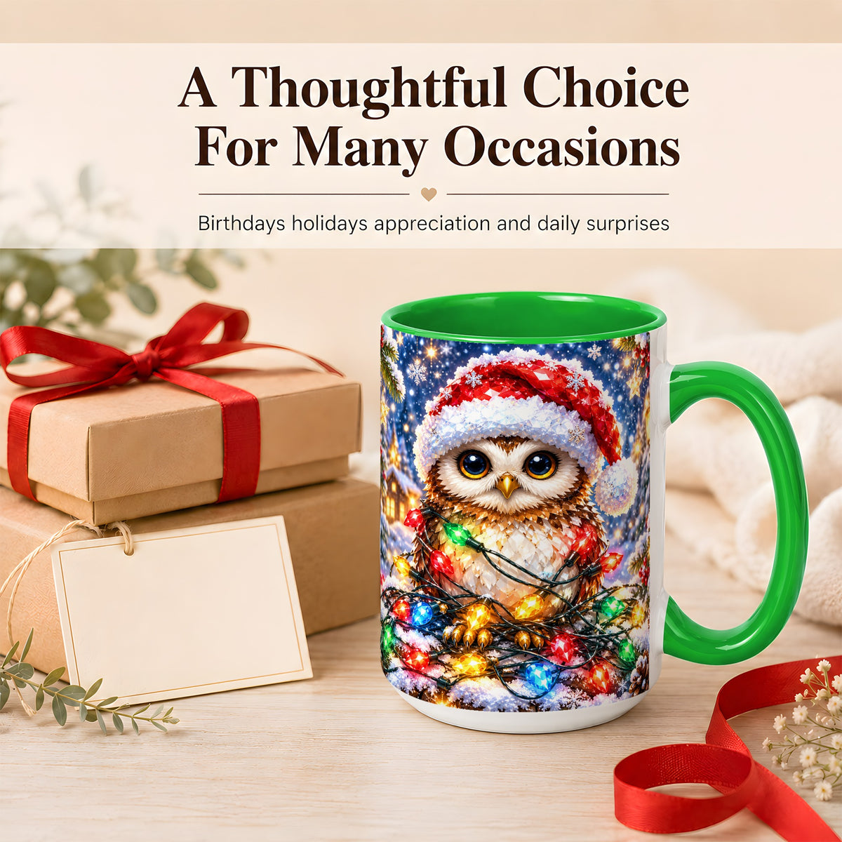 #pl[15oz|Green] Christmas Owl Coffee Mug, Holiday Lights Owl Mug, Crystal Style Ceramic Cup