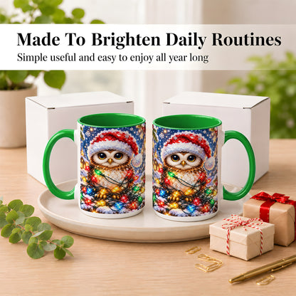 #pl[15oz|Green] Christmas Owl Coffee Mug, Holiday Lights Owl Mug, Crystal Style Ceramic Cup