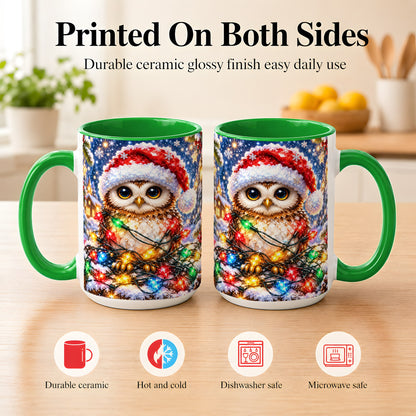 #pl[15oz|Green] Christmas Owl Coffee Mug, Holiday Lights Owl Mug, Crystal Style Ceramic Cup