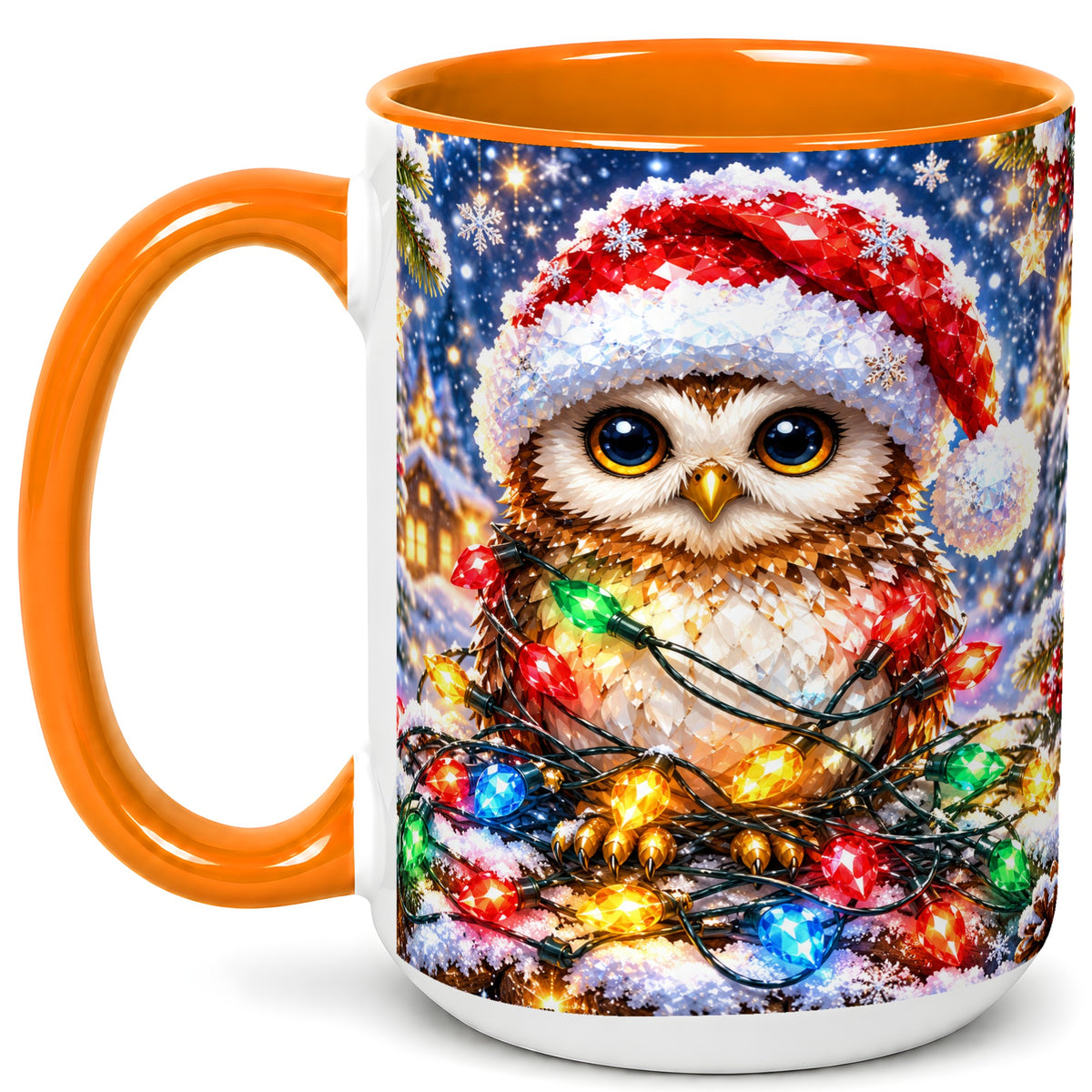 #pl[15oz|Orange] Christmas Owl Coffee Mug, Holiday Lights Owl Mug, Crystal Style Ceramic Cup