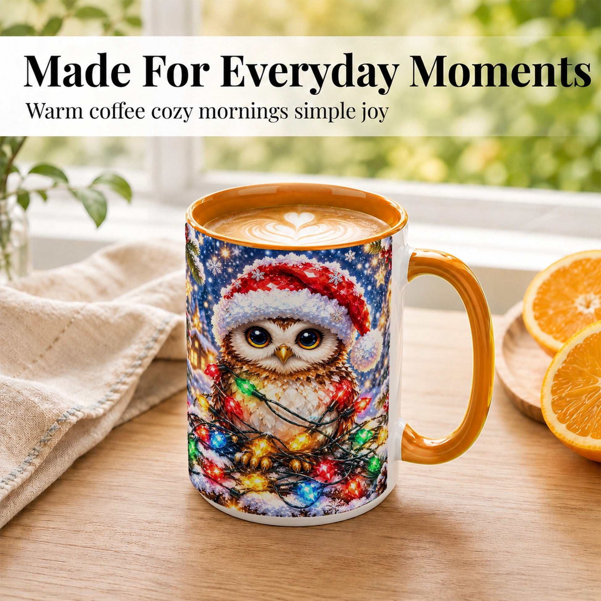 #pl[15oz|Orange] Christmas Owl Coffee Mug, Holiday Lights Owl Mug, Crystal Style Ceramic Cup