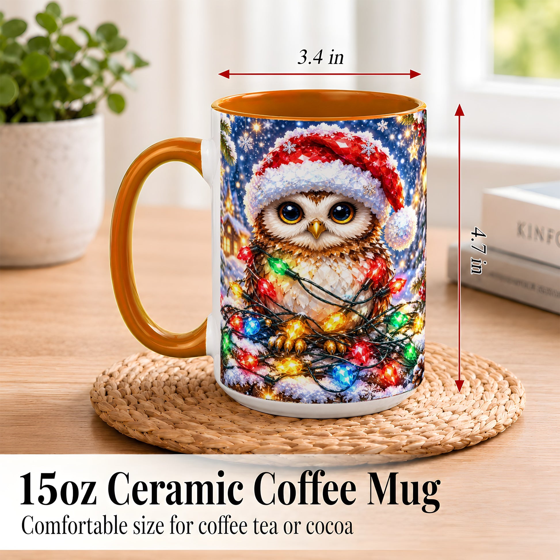 #pl[15oz|Orange] Christmas Owl Coffee Mug, Holiday Lights Owl Mug, Crystal Style Ceramic Cup