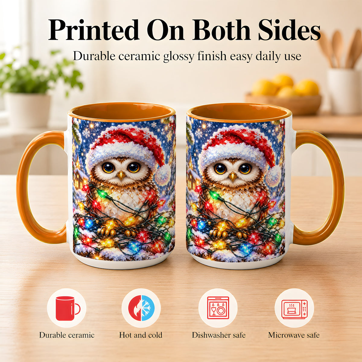 #pl[15oz|Orange] Christmas Owl Coffee Mug, Holiday Lights Owl Mug, Crystal Style Ceramic Cup