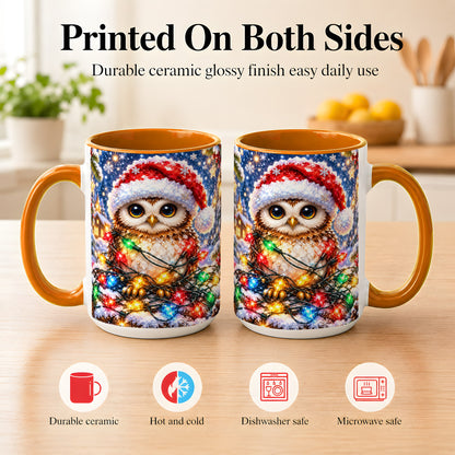#pl[15oz|Orange] Christmas Owl Coffee Mug, Holiday Lights Owl Mug, Crystal Style Ceramic Cup