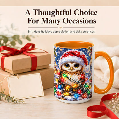 #pl[15oz|Orange] Christmas Owl Coffee Mug, Holiday Lights Owl Mug, Crystal Style Ceramic Cup