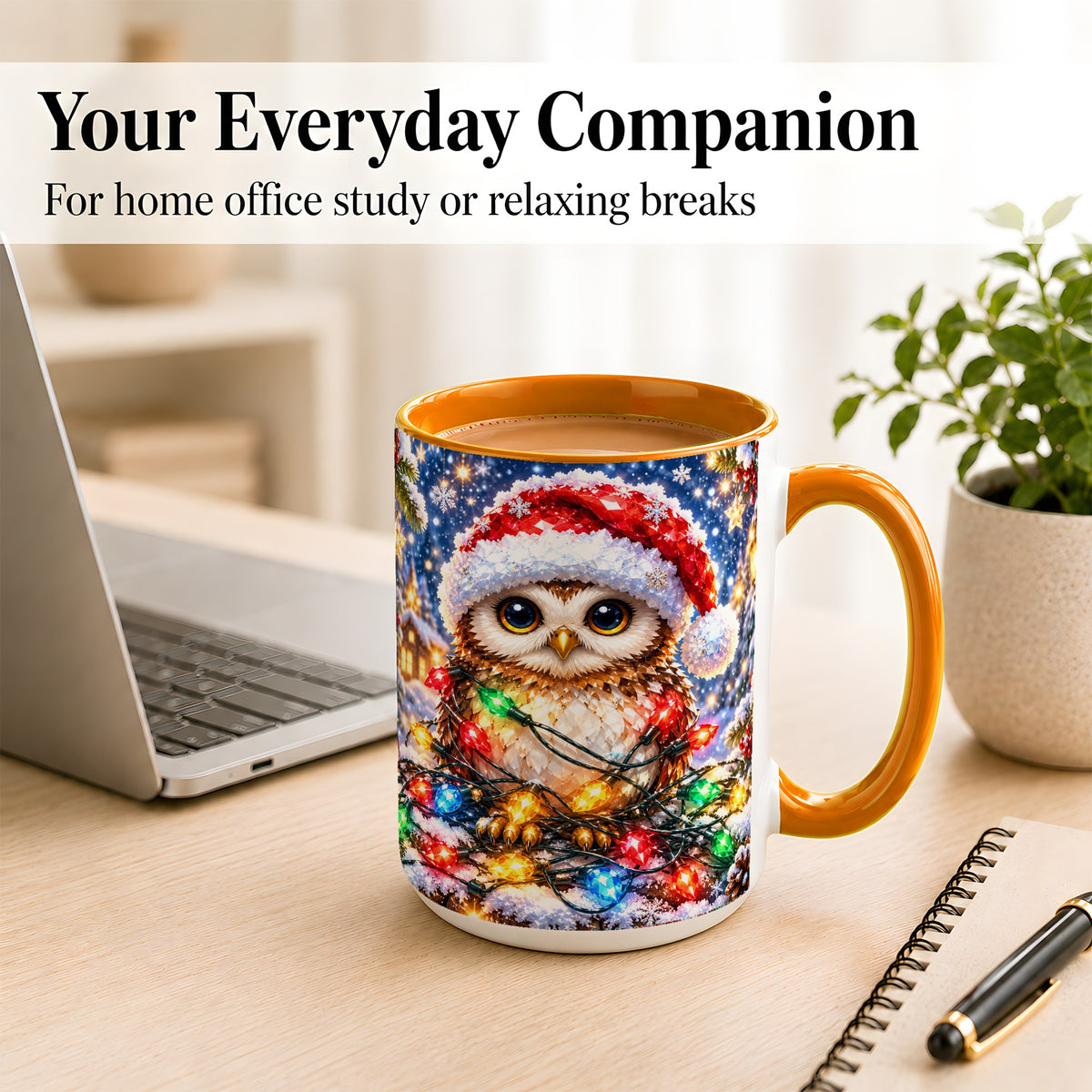 #pl[15oz|Orange] Christmas Owl Coffee Mug, Holiday Lights Owl Mug, Crystal Style Ceramic Cup