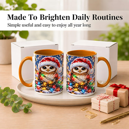 #pl[15oz|Orange] Christmas Owl Coffee Mug, Holiday Lights Owl Mug, Crystal Style Ceramic Cup