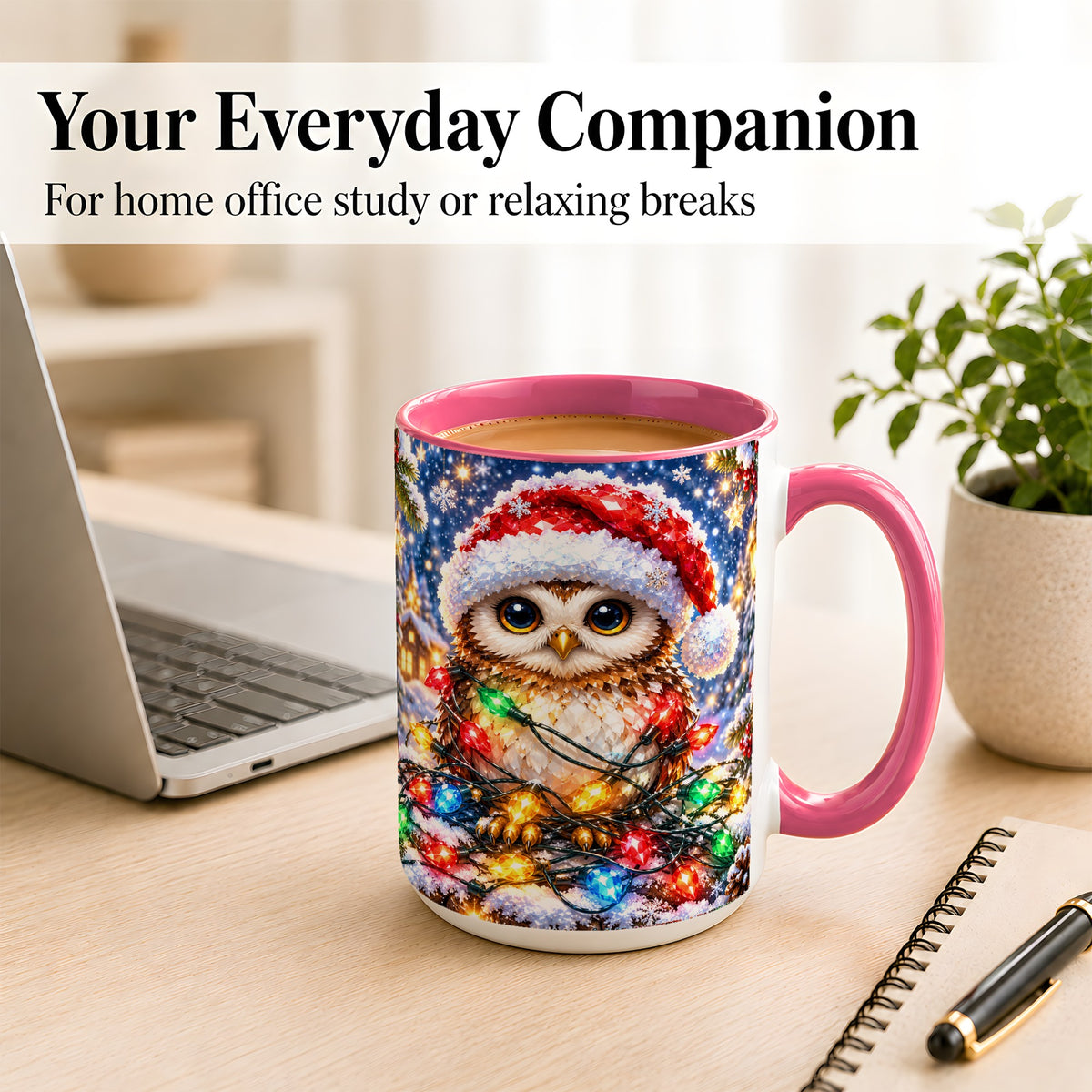 #pl[15oz|Pink] Christmas Owl Coffee Mug, Holiday Lights Owl Mug, Crystal Style Ceramic Cup