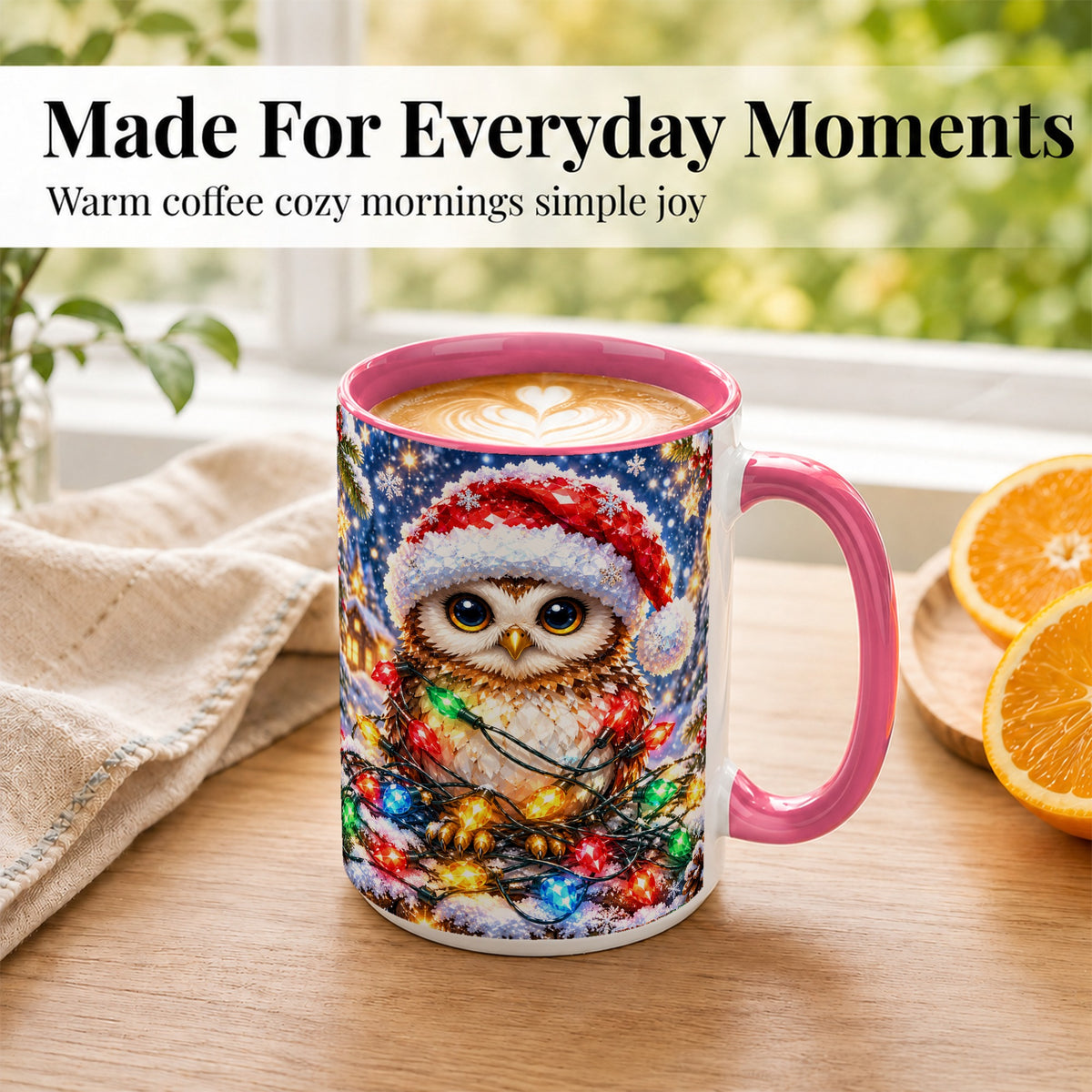 #pl[15oz|Pink] Christmas Owl Coffee Mug, Holiday Lights Owl Mug, Crystal Style Ceramic Cup