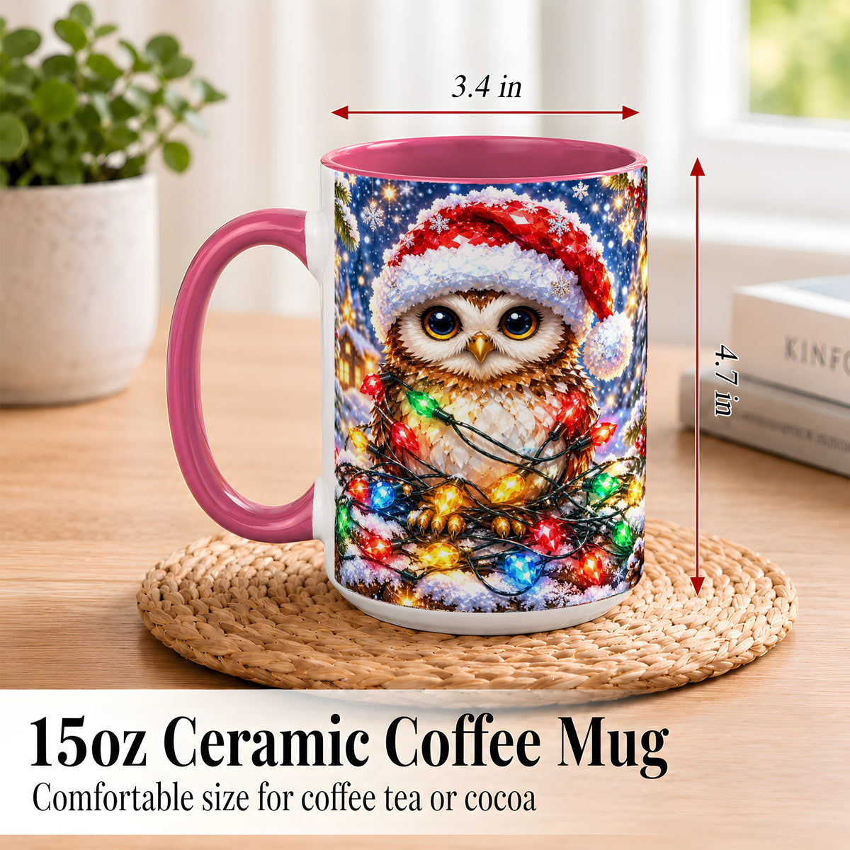 #pl[15oz|Pink] Christmas Owl Coffee Mug, Holiday Lights Owl Mug, Crystal Style Ceramic Cup