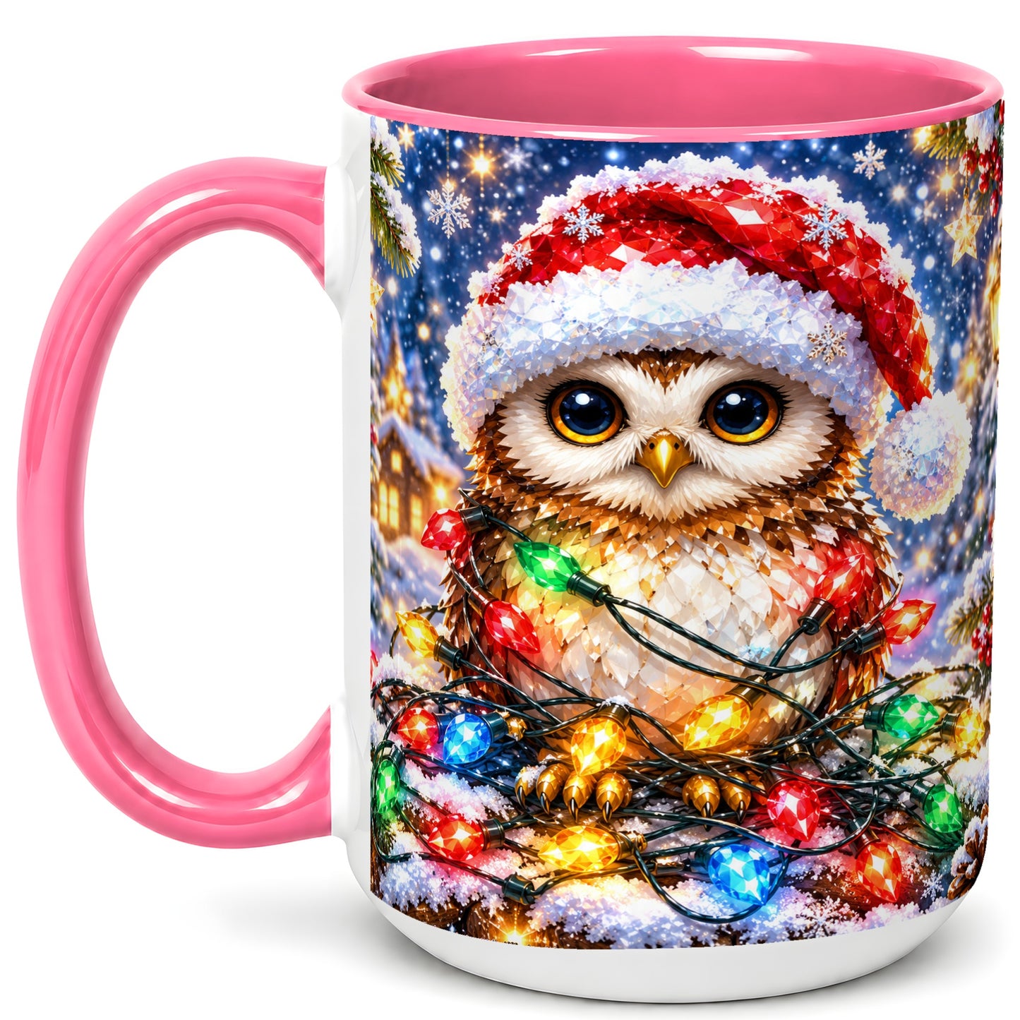 #pl[15oz|Pink] Christmas Owl Coffee Mug, Holiday Lights Owl Mug, Crystal Style Ceramic Cup
