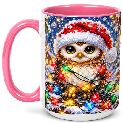 #pl[15oz|Pink] Christmas Owl Coffee Mug, Holiday Lights Owl Mug, Crystal Style Ceramic Cup