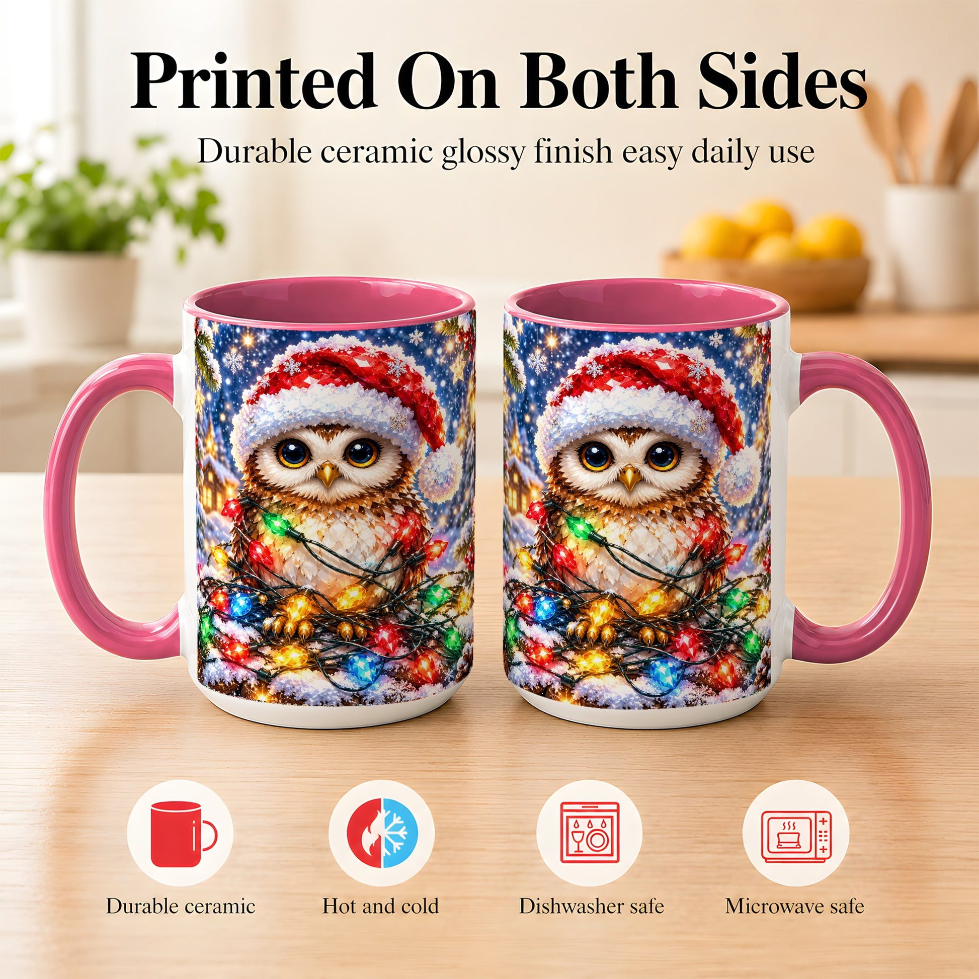 #pl[15oz|Pink] Christmas Owl Coffee Mug, Holiday Lights Owl Mug, Crystal Style Ceramic Cup
