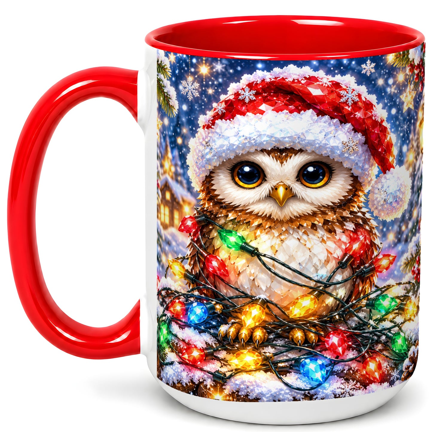 #pl[15oz|Red] Christmas Owl Coffee Mug, Holiday Lights Owl Mug, Crystal Style Ceramic Cup