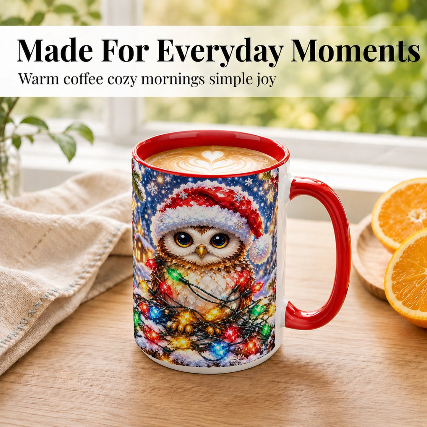 #pl[15oz|Red] Christmas Owl Coffee Mug, Holiday Lights Owl Mug, Crystal Style Ceramic Cup