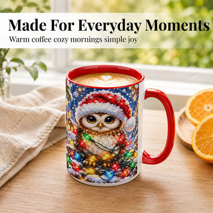 #pl[15oz|Red] Christmas Owl Coffee Mug, Holiday Lights Owl Mug, Crystal Style Ceramic Cup